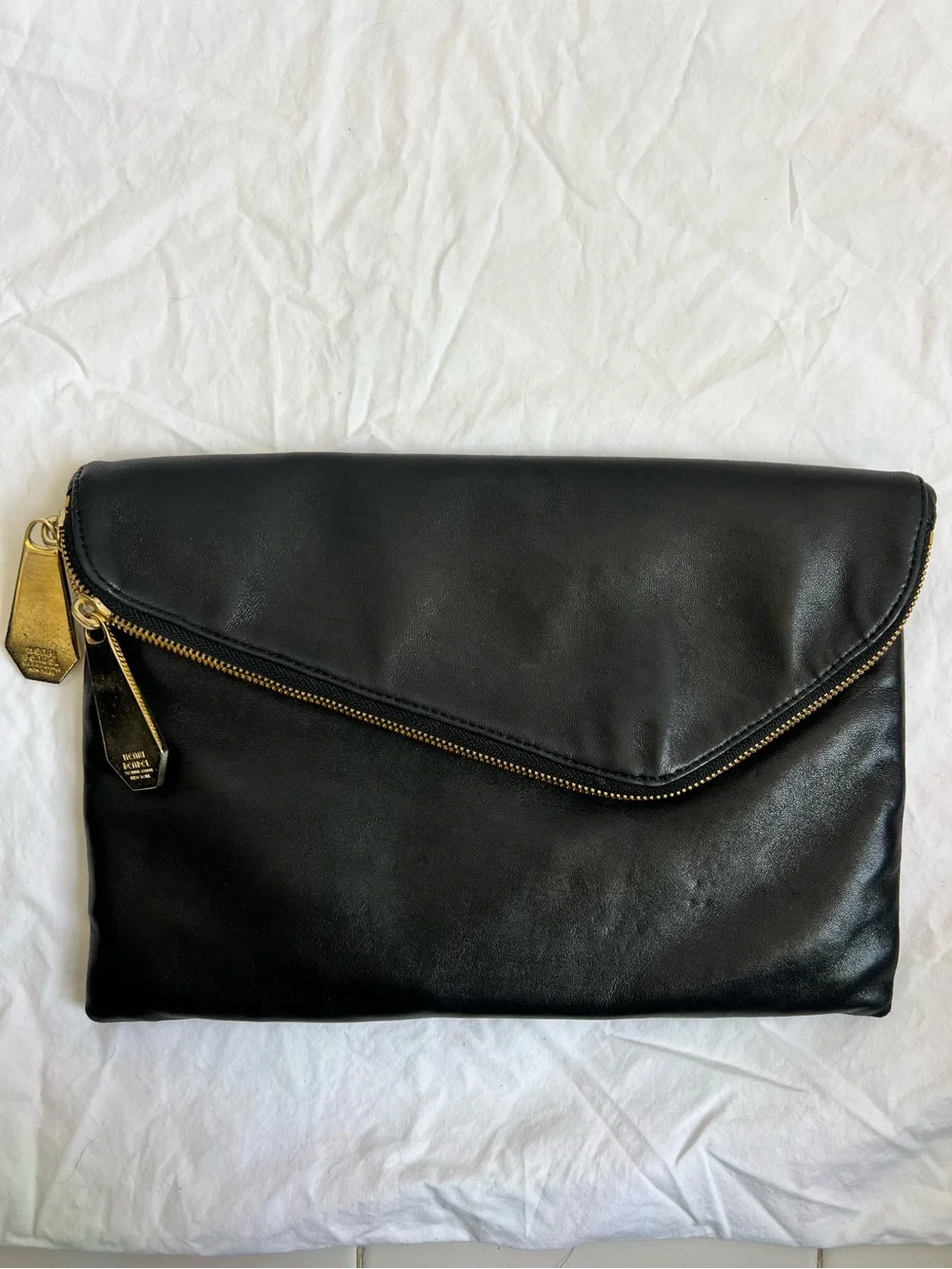 Henri Bendel Black Leather Envelope Shoulder Bag Clutch Gold Chain